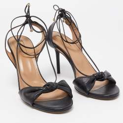 Pre Owned Aquazzura Black Leather Knotted Bow Slingback Ankle Tie Sandals Size 38.5