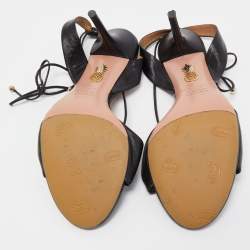 Pre Owned Aquazzura Black Leather Knotted Bow Slingback Ankle Tie Sandals Size 38.5