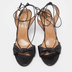 Pre Owned Aquazzura Black Leather Knotted Bow Slingback Ankle Tie Sandals Size 38.5
