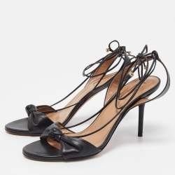 Pre Owned Aquazzura Black Leather Knotted Bow Slingback Ankle Tie Sandals Size 38.5