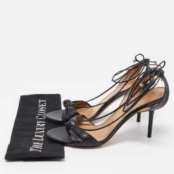 Pre Owned Aquazzura Black Leather Knotted Bow Slingback Ankle Tie Sandals Size 38.5