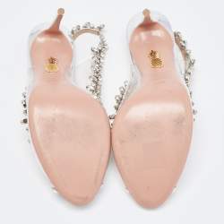Pre Owned Aquazzura Silver Leather and  PVC Crystal Embellished Temptation Sandals Size 38.5