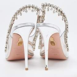 Pre Owned Aquazzura Silver Leather and  PVC Crystal Embellished Temptation Sandals Size 38.5
