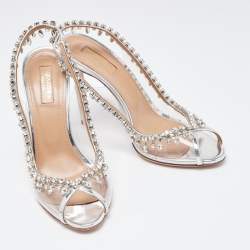 Pre Owned Aquazzura Silver Leather and  PVC Crystal Embellished Temptation Sandals Size 38.5