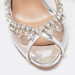 Pre Owned Aquazzura Silver Leather and  PVC Crystal Embellished Temptation Sandals Size 38.5