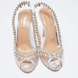 Pre Owned Aquazzura Silver Leather and  PVC Crystal Embellished Temptation Sandals Size 38.5