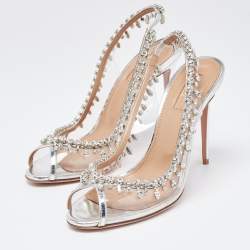 Pre Owned Aquazzura Silver Leather and  PVC Crystal Embellished Temptation Sandals Size 38.5