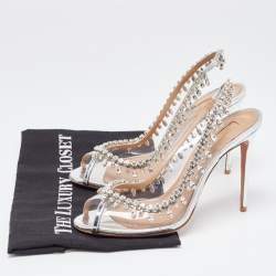 Pre Owned Aquazzura Silver Leather and  PVC Crystal Embellished Temptation Sandals Size 38.5