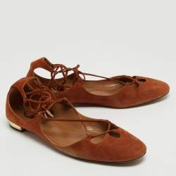 Aquazzura Brown Suede Dancer Ankle Wrap Ballet Flats Size 39