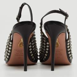 Pre Owned Aquazzura Black Leather Crystal Embellishments Slingback Pumps Size 38