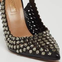Pre Owned Aquazzura Black Leather Crystal Embellishments Slingback Pumps Size 38