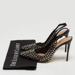 Pre Owned Aquazzura Black Leather Crystal Embellishments Slingback Pumps Size 38