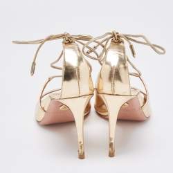 Pre Owned Aquazzura Gold Foil Leather Sofia Open Toe Ankle Wrap Sandals Size 37.5