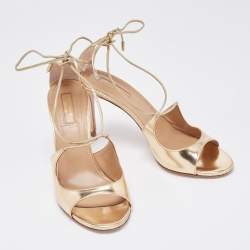 Pre Owned Aquazzura Gold Foil Leather Sofia Open Toe Ankle Wrap Sandals Size 37.5