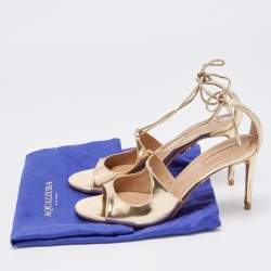 Pre Owned Aquazzura Gold Foil Leather Sofia Open Toe Ankle Wrap Sandals Size 37.5