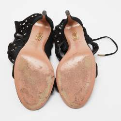 Pre Owned Aquazzura Black Studded Suede Rebel Cutout Ankle Wrap Sandals Size 38
