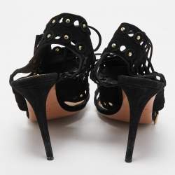 Pre Owned Aquazzura Black Studded Suede Rebel Cutout Ankle Wrap Sandals Size 38