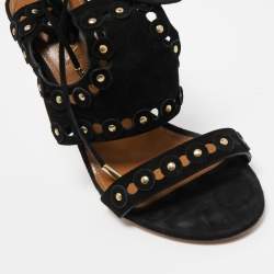 Pre Owned Aquazzura Black Studded Suede Rebel Cutout Ankle Wrap Sandals Size 38