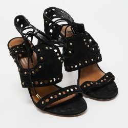 Pre Owned Aquazzura Black Studded Suede Rebel Cutout Ankle Wrap Sandals Size 38
