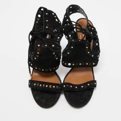 Pre Owned Aquazzura Black Studded Suede Rebel Cutout Ankle Wrap Sandals Size 38
