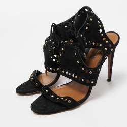 Pre Owned Aquazzura Black Studded Suede Rebel Cutout Ankle Wrap Sandals Size 38