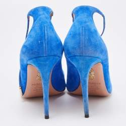 Pre Owned Aquazzura Blue Suede Pointed Toe Ankle Wrap Pumps Size 37.5