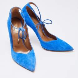 Pre Owned Aquazzura Blue Suede Pointed Toe Ankle Wrap Pumps Size 37.5