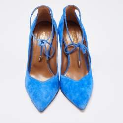 Pre Owned Aquazzura Blue Suede Pointed Toe Ankle Wrap Pumps Size 37.5