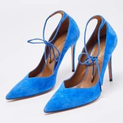 Pre Owned Aquazzura Blue Suede Pointed Toe Ankle Wrap Pumps Size 37.5