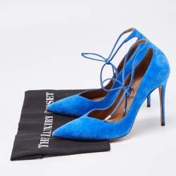Pre Owned Aquazzura Blue Suede Pointed Toe Ankle Wrap Pumps Size 37.5