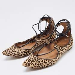 Aquazzura Two Tone Leopard Print Calf Hair Sunshine Ankle Tie Flats Size 35