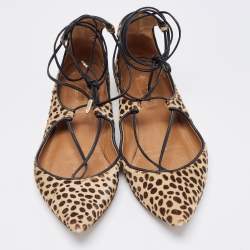 Aquazzura Two Tone Leopard Print Calf Hair Sunshine Ankle Tie Flats Size 35