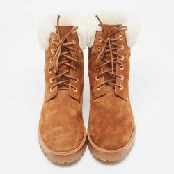 Pre Owned Aquazzura Brown/Off-white Suede and Fur Heilbrunner Ankle Boots Size 38.5