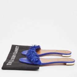 Pre Owned Aquazzura Blue Suede Wild Thing Fringe Trimmed Flat Slides Size 36.5