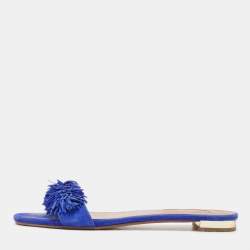 Pre Owned Aquazzura Blue Suede Wild Thing Fringe Trimmed Flat Slides Size 36.5