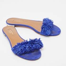 Pre Owned Aquazzura Blue Suede Wild Thing Fringe Trimmed Flat Slides Size 36.5