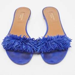 Pre Owned Aquazzura Blue Suede Wild Thing Fringe Trimmed Flat Slides Size 36.5
