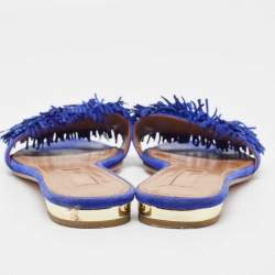 Pre Owned Aquazzura Blue Suede Wild Thing Fringe Trimmed Flat Slides Size 36.5