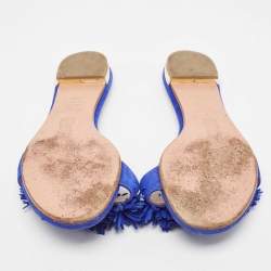 Pre Owned Aquazzura Blue Suede Wild Thing Fringe Trimmed Flat Slides Size 36.5