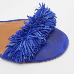 Pre Owned Aquazzura Blue Suede Wild Thing Fringe Trimmed Flat Slides Size 36.5