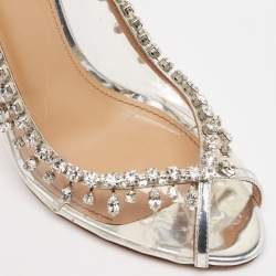 Pre Owned Aquazzura Silver PVC And Leather Temptation Crystal Slingback Pumps Size 38.5