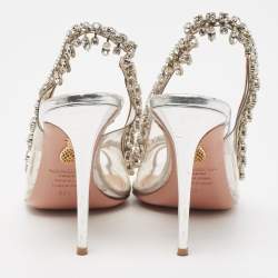 Pre Owned Aquazzura Silver PVC And Leather Temptation Crystal Slingback Pumps Size 38.5