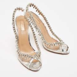 Pre Owned Aquazzura Silver PVC And Leather Temptation Crystal Slingback Pumps Size 38.5