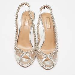 Pre Owned Aquazzura Silver PVC And Leather Temptation Crystal Slingback Pumps Size 38.5