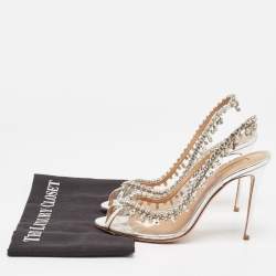 Pre Owned Aquazzura Silver PVC And Leather Temptation Crystal Slingback Pumps Size 38.5