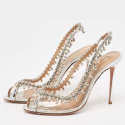 Pre Owned Aquazzura Silver PVC And Leather Temptation Crystal Slingback Pumps Size 38.5