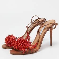 Pre Owned Aquazzura Brown Leather Panarea Beaded Ankle Tie Sandals Size 38.5