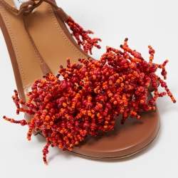 Pre Owned Aquazzura Brown Leather Panarea Beaded Ankle Tie Sandals Size 38.5