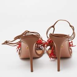 Pre Owned Aquazzura Brown Leather Panarea Beaded Ankle Tie Sandals Size 38.5