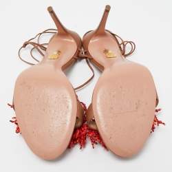 Pre Owned Aquazzura Brown Leather Panarea Beaded Ankle Tie Sandals Size 38.5